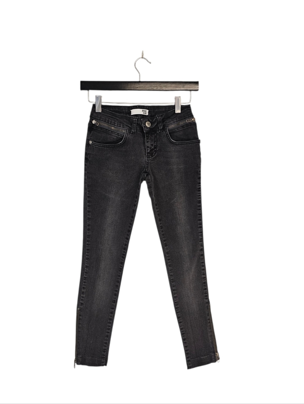 Anine Bing Low‎ Rise Skinny Zipper Moto Y2K Black Gray Jeans 24 Preowned
